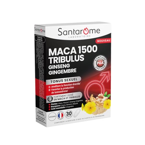 Santarome Bio - Maca 1500 Tribulus Ginseng Gingembre - Complément alimentaire Tonus Sexuel - Améliore la fonction érectile - Tonifiant sexuel - Fortement dosé - 30 comprimés - Made In France - Végan