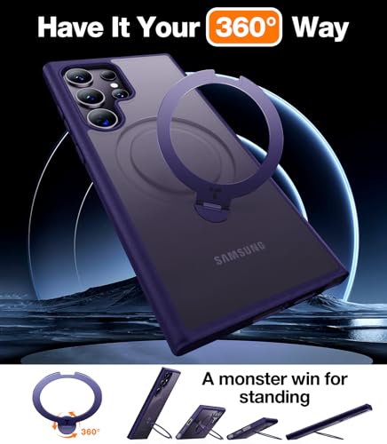 Image of TORRAS 360Spin Magnetic Stand for Samsung Galaxy S24 Ultra Case, Compatible with Magsafe, Shockproof Military Grade Protective Slim Galaxy S24 Ultra Phone Case with Kickstand & Ring Holder, Purple