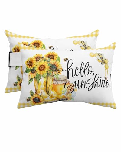 Sunflower Bee Outdoor Beach Chair Pillow Headrest for Chaise Lounge Chair, Recliner Head Pillow Waterproof Pillowcases with Elastic Band & Inserts 12x20(2 PCS) Yellow Buffalo Plaid Boot Spring Summer