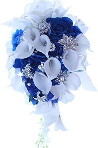 Miniatura 7 de IFFO - Ramo azul real, ramos de novia para boda, ramo de novia de lirio de cala blanca, forma de cascada de gotas de agua, ramo de joyería de lujo,