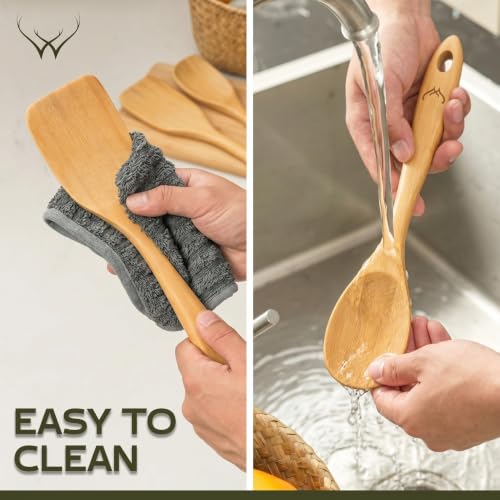 Image of Prime Bamboo Wooden Spoons for Cooking Set of 3 Pcs - Wooden Cooking Utensils with Long Handle, Includes Flat Wood Spoon, Bamboo Spatula, and Slotted Spoon for Kitchen Utensils Set