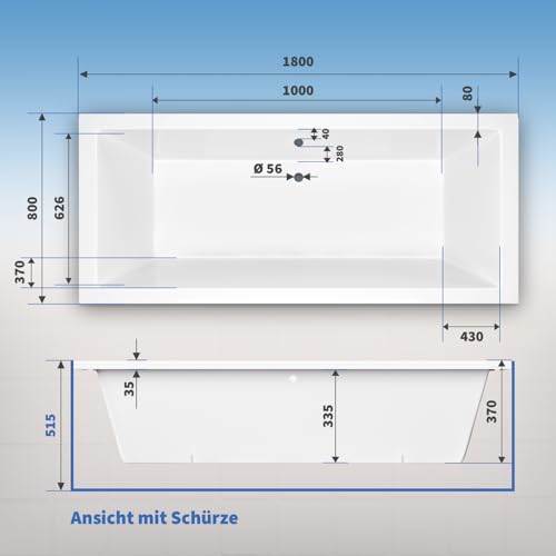 AQUADE Acryl Badewanne 180x80 Modell: Ulm - Weiß Badewanne Komplettset 180x80 - Badewannen mit Wannenfüßen + Schürze + Wannenrandarmatur + Nackenkissen – Bild 7