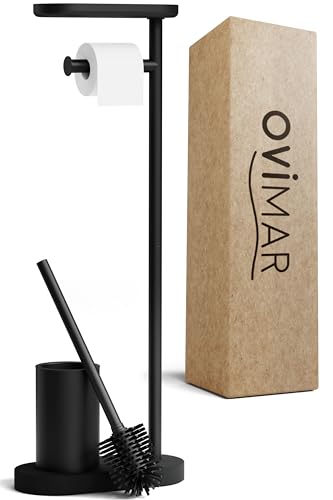 ovimar Set da toilette in piedi 3 in 1 Tysnes in nero | Set da toilette con spazzola in silicone, portarotolo e porta smartphone | Molto salvaspazio | organizzatore per il bagno in acciaio inox