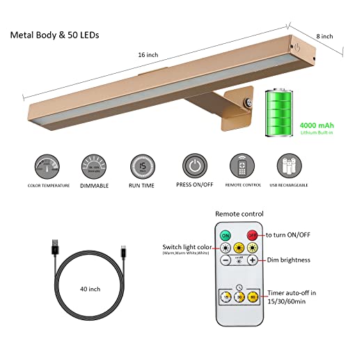 Image of Wireless LED Picture Light with Remote,16in Metal Rechargeable Art Light Display Lamp,Dimmable and Timer Picture Lights for Paintings,3 Modes,Dartboard Light for Frame Picture Gallery Portrait