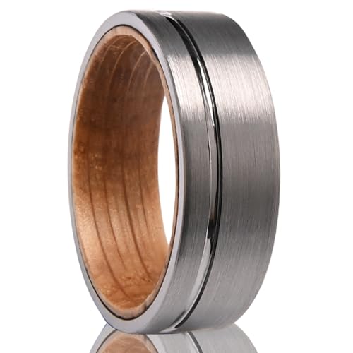 Silver Tungsten Carbide Rings for Men Women 8mm Surface Grooved Matte Brushed Inlay Barrel Wood Men's Engagement Wedding Bands High Polish