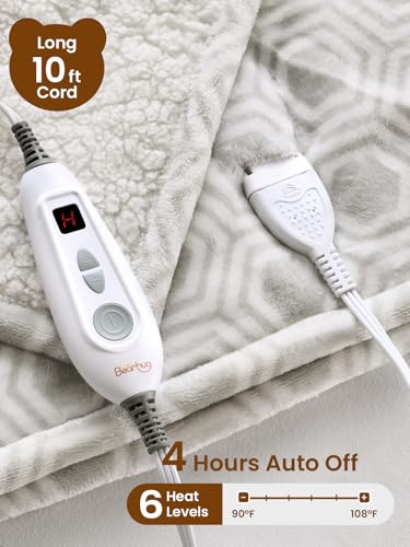 Image of Bearhug Electric Blanket Throw Size, 50 inch x 60 inch Heated Blanket with 6 Heating Levels & 4H Auto Shut-Off, Machine Washable Soft Velvet to Sherpa Reversible Heated Throw for Office, Couch and Sofa