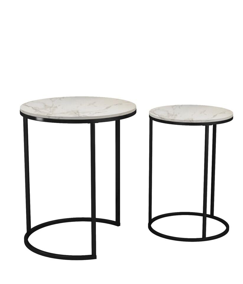 URBNLIVING 2 Pcs Round Nesting Stacking Sofa Side Bedside End Tables Set White Marble Wooden Top with Black Metal Leg Modern Space Saving Accent Coffee Tea for Living Room Bedroom Office