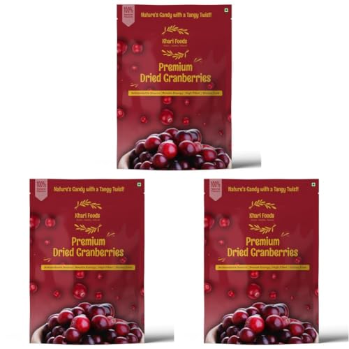 Image of Khari Foods Dried Cranberries, Dry Fruit Berries, Rich in Antioxidants, Energy Booster, No Preservatives (250g) (Pack of 3)
