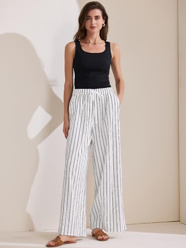Allegra K Women's Casual Drawstring Stripe Pants Wide Leg High Waist Cotton Loose Pants3