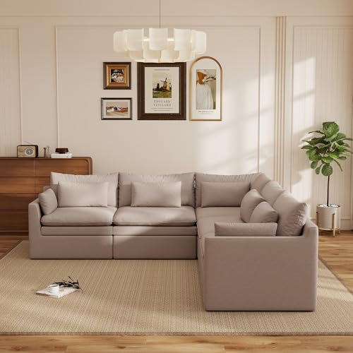 Image of WJShome Modular Sectional Sofa, Deep Seat V-Shaped Cloud Couch with Water-Resistant & Stain-Resistant Fabric, Removable Washable Covers,Modern Sleeper Sofa for Living Room, Apartment, Khaki