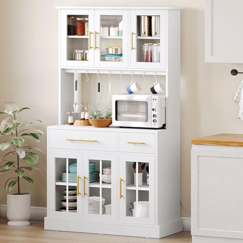 GOOBED 71" Pantry Cabinet with Power Outlet, Tall Kitchen Pantry Storage Cabinets with Microwave Stand, Farmhouse Kitchen Hutch with Drawers, Hook, Door and Shelves for Home Living Dining Room, White