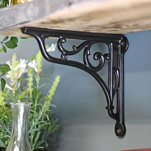 Image of GHAR DWAR Metal Handcrafted Shelf Bracket for Floating Shelves L Angle Decorative L Shaped Corner Brace Joint Heavy Duty Wall Mounted Shelf Supporter Brace Holder (Black, 4.5 Inch Pack of 2)