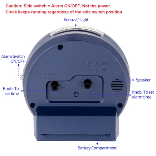 Image of Tinload 4.3 inch No Ticking Analog Alarm Clock,Silent Readable for Seniors,Easy to Set,Gradual Rise Alarm,Big Numbers,On /Off Switch on Side,Gentle Wake,Snooze,Lighted on Demand,Battery Operated,Blue