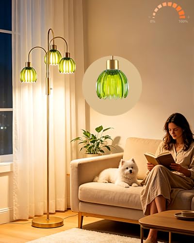 Image of 3-Light Glass Floor Lamp, 70 inch Gold Dimmable Standing Tall Lamp with Green Ribbed Glass Shades &3PCS 3000K Warm White Bulbs, Modern Tree Pole Lamp for Living Room Bedroom Home Office Corner Decor