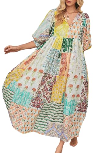 Image of CHARTOU Women Boho Floral Printed Long Dress Summer Lantern Half Sleeve Beach Flowy Loose Swing Chiffon Sundress