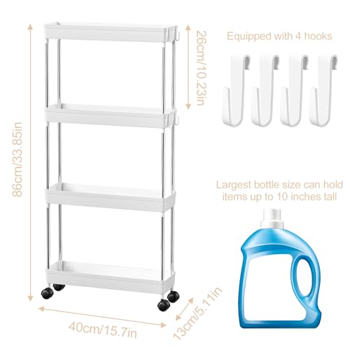 Homshsjhkis Carrito Auxiliar con Ruedas, Carro Cocina Estrecho Alto 4 Niveles, Mueble Auxiliar Baño Estrecho Móvil Multifuncional con 4 Ganchos Extraíbles para Salón,Dormitorio, Oficina, Blanca - imagen 2