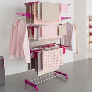 IDMarket - Séchoir à Linge Vertical Pliable 3 Niveaux Maxima capacité 20M INOX et Rose