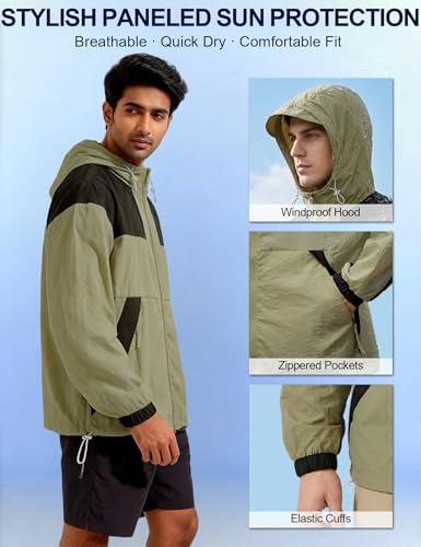 Image of Venzina Men's Slim-Fit Breathable Sun Hoodie -UPF 50+ Ultra-Lightweight Wind-Resistant Jacket with Visor, Color-Block Design, Black Cuffs & Adjustable Hem for Cycling,Commute,Outdoor