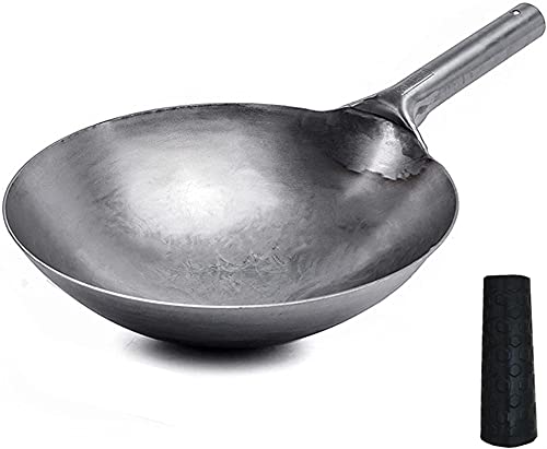 Wok, auténtica Olla Tradicional China de Hierro Antiadherente forjada a Mano, Gruesa, sin Revestimiento, preajustada, de Acero al Carbono.,32cm