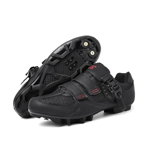 ENEN Zapatillas de Ciclismo para Hombre Mujer, Gancho y Bucle MTB Zapatos 39-46EU Bicicleta de Montaña, Zapatillas de Bicicleta de Carretera Compatibles SPD Lock (Negro Rojo 1,47)