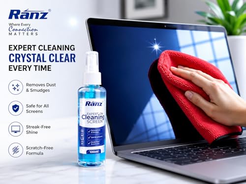 Image of Ranz Screen Cleaning Kit for Laptop, Mobile, TV & Monitor | 3-in-1 Kit with 100ml Spray, 400 GSM Dual-Sided Microfiber Cloth & Brush | Streak-Free, Alcohol-Free LCD LED Screen Cleaner