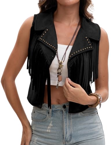 Adigau Gilet en Daim Synthétique femme Veste Vintage Sans Manches Gilet Hippie Vestes Courtes Élégantes à Franges Cardigan Cowgirl Western Noir XS