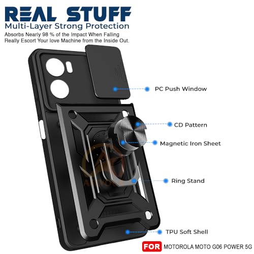 Image of Armor Bumper Back Cover Case for Motorola Moto G06 Power 5G Rotating Camera Cover, Ring Holder & Kickstand | Heavy Duty & 360 Degree Protection Motorola Moto G06 Power 5G Back Cover (Black)