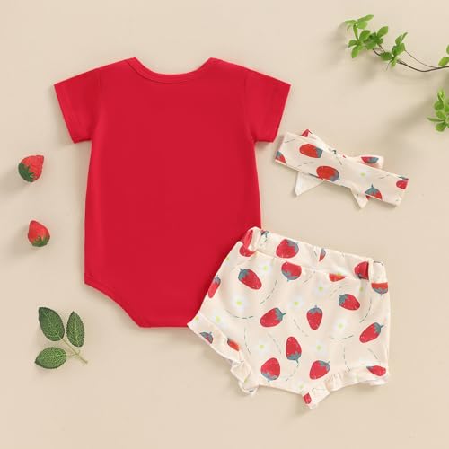 Newborn Baby Girl Summer Shorts Set Little Cutie/Berry Sweet Short Sleeve Romper Orange/Strawberry Shorts Outfit3