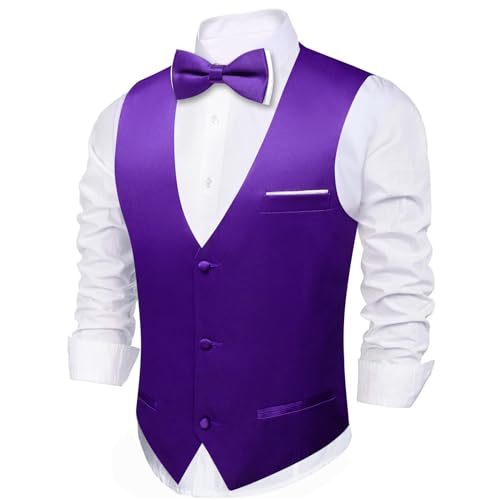 Image of Barry.Wang Mens Suit Vest Bow Tie Set 4PCS Formal V-neck Slim Fit Casual Solid Color Waistcoat Wedding Party Tuxedo