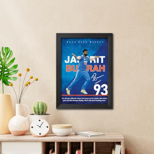 Image of TenorArts Jasprit Bumrah Poster with Quotes Indian Legend Cricket Player Photo Frame Painting with Matt Finish Black Textures (12 inches x 9inches)