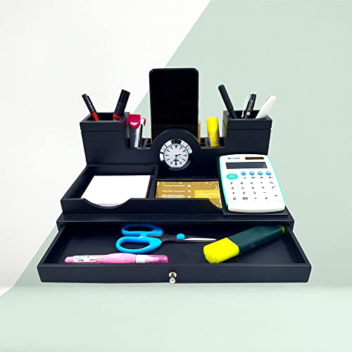 Image of WOOD HOUSE Wooden Desk Table Organizer, Pen Stand with Clock - Office Table Accessories for Diwali New Year Corporate Gifts