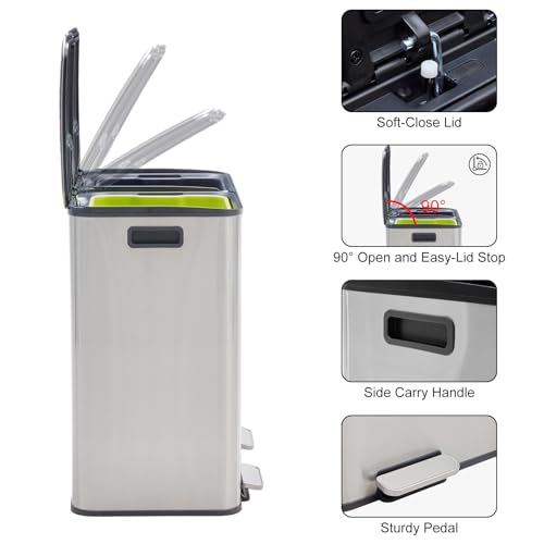 Image of DUMOS 2 x 10.6 Gallon Kitchen Trash Can with Lid, Stainless Steel Garbage Can with Soft-Close Lid & Removable Inner Buckets, Dual Compartment Step-on Waste Bins for Kitchen Bathroom Bedroom Office