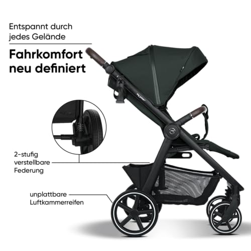 my junior® PLIA² | großer Komfortbuggy mit Luftkammerreifen, Einhand-Faltmechanismus, einstellbare Federung, XXL-Einkaufskorb & -Verdeck, Belüftung, inkl. Getränkehalter + Tragegurt (Pine Forest)