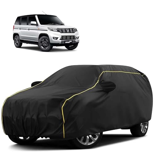 Image of Sulfar 100% Water Resistant Car Body Cover Compatible with Mirror for Mahindra Bolero Neo (Triple Stitched, Full Bottom Elastic, Black Tafetta with Yellow Piping)