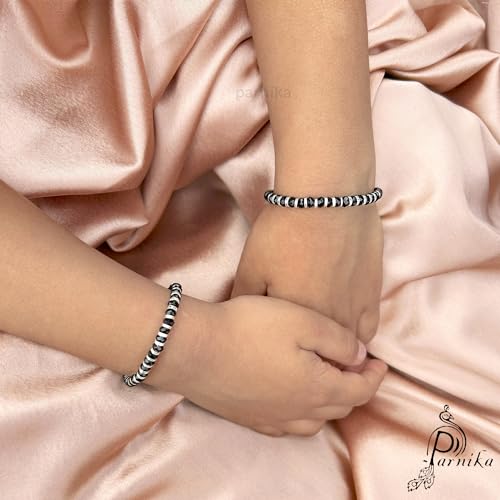 Image of Parnika (Formerly MJ 925 Traditional Silver & Black Crystals Baby Nazariya Kids Silver Bracelet in Pure 92.5 Sterling Silver for Kids - One pair
