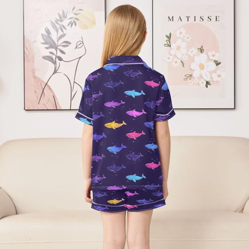 ALAZA Rainbow Shark Whale Blue Satin Pajamas Set Short Sleeve Button Down Sleepwear Summer Pjs 2 Piece4