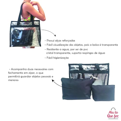 Bolsa feminina praia sacola transparente 2 necessaires preta