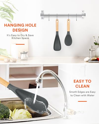 Image of Cooking Spoon And Rice Scooper for Nonstick Cookwares, Great for Cooking and Serving Durable BPA-Free Matte Silicone, Wood Handle Spoon for Mixing, Scoop, and Scrape