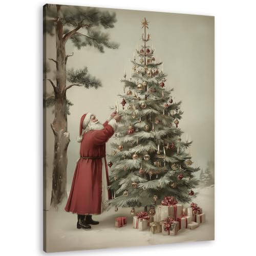 TLESKE Vintage Winter Christmas Tree Santa Canvas Wall Art Decor 11x14