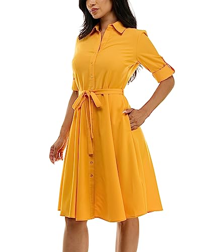 Image of Sharagano Women's Pleated Shirt Dress - 3 /4 Sleeve, V-Neck, Gold Buttons