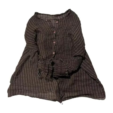 NFYM Womens Button Down Shirts Gauze Linen Dress Shirt Long Sleeve Pleated Stripe Tunic Tops (US, Alpha, One Size, Regular, Regular, Coffee Striped) Cover