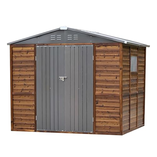 6x8 FT Outdoor Tool Shed, Wood-Iron Combination Storage Shed with Ventilation, Weather-Resistant Roof, Lockable Doors & Wood Grain Finish for Backyard and Garden -  Dithoko
