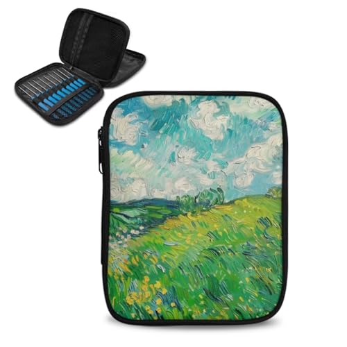 Image of Crochet Hook Case Green Wheat Field Crochet Hook Holder Portable Crochet Hook Storage Bag with Web Pockets Suitable for Crochet Needles /Knitting Accessories