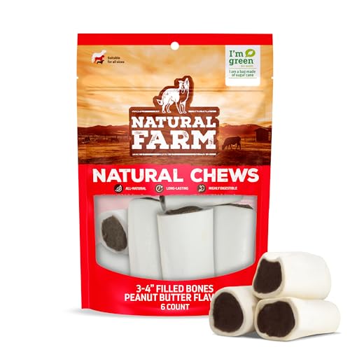 Natural Farm Peanut Butter Filled Bones (3-4 Inch 6 Count) Limited Ingredient Natural Stuffed Dental Dog Bone Treats for Dogs Made with Real Beef