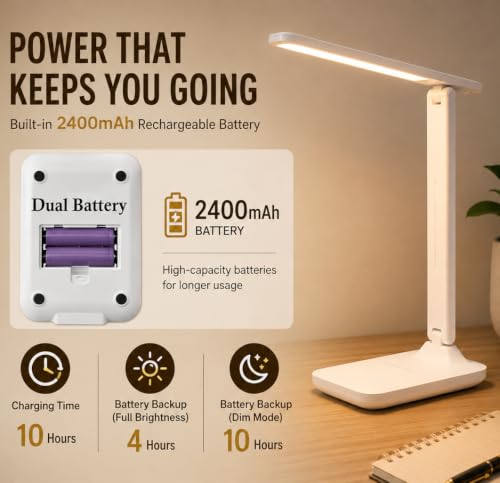Image of SaleOn Rechargeable LED Desk Lamp with Type-C 6 Month Warranty, 3 Lighting Modes Touch Control Eye Protection Mobile Holder | Foldable Study Reading Lamp (2400mAh Foldable Pro 33 * 17 * 12cm)