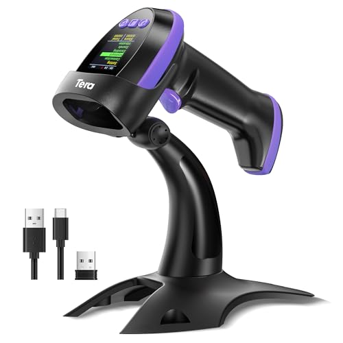 Image of Tera Barcode Scanner Wireless 2D with Stand: Pro Version Digital Setting Screen Keypad Works with Bluetooth 2.4G Wireless USB Wired Extra Fast Scanning Speed Handheld Bar Code Reader HW0009-Z Purple
