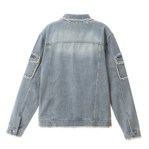 Image of Men's Denim Jacket Patchwork Fringe Jacket Slim Jean Jacket Streetwear Coat