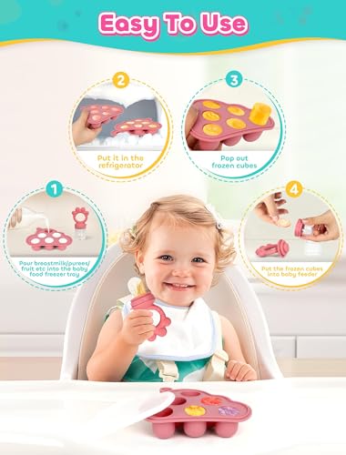 LOTBILL Breastmilk Popsicle Molds & Baby Fruit Food Feeder Pacifier, Silicone Baby Food Storage Containers, Baby Popsicle Molds Teething for Toddler Teething & Infant Self Feeding (Pink)