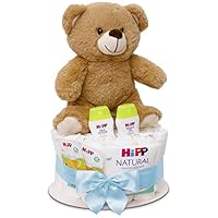 MilaBoo® Blau Windeltorte Junge mit kuscheligen kleinen Teddybär I hochwertiges Neugeborenen Geschenk mit Windeln und Produkten I persönliches Babygeschenk zur Geburt