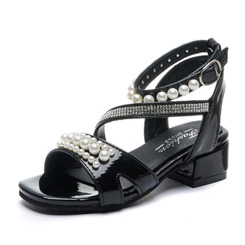 Little Big Girls Fashion Rhinestone Pearls Middle High Heel Princess Sandals Kids Shoes Dress Platform Open Toe Ankle Strap Sandals